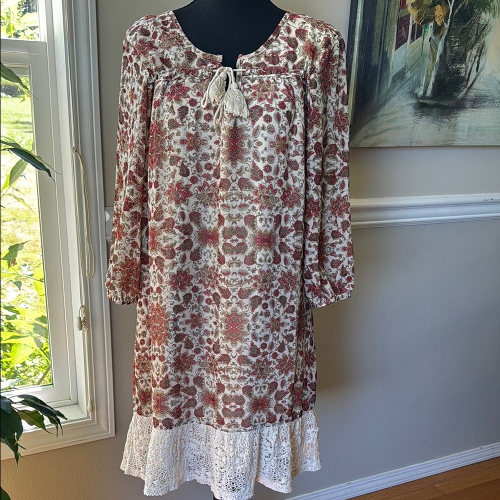 AUW Women’s Floral Bohemian Dress with Lace Hem Size 12